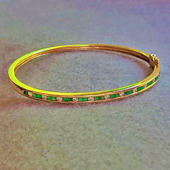 14K Gold Diamond and Emerald Bangle Bracelet - make an offer - Picture 1 of 15